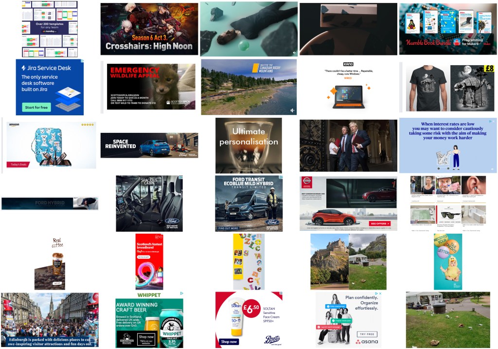 Contact Sheet of advertising images and screenshots of either GIF or video adverts