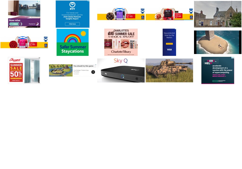 Contact Sheet of advertising images and screenshots of either GIF or video adverts