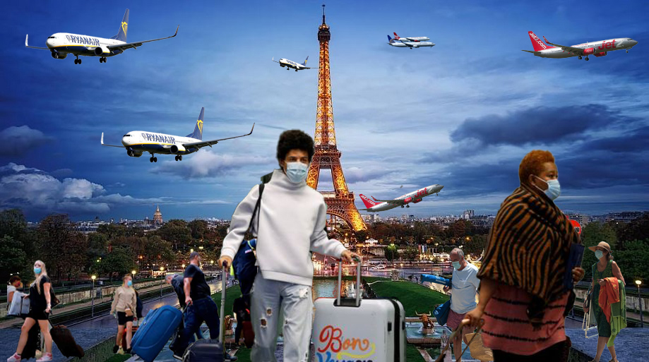 The Eiffel tower stands in the background, surrounding by airliners as they fly out towards the edge of the image. The foreground is filled with tourists, bags and luggage, all of them trying to get out to the image.