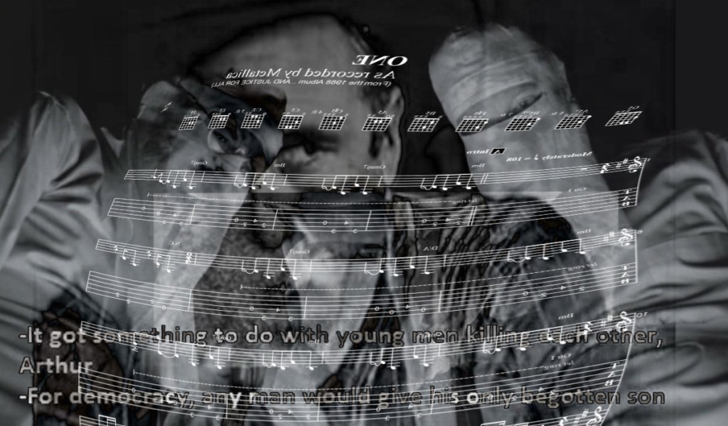 Layered screenshots from the Film 'Johnny got his Gun' (Johnny Got His Gun, 1971) with tab, music notation with addition information for guitar players who cannot read sheet music