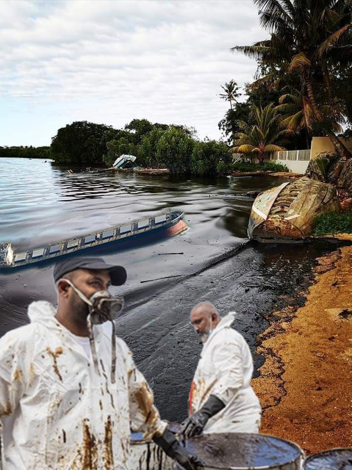 Mauritius island  beachfront covered in oil from the oil In it sits the damaged oil tanker. In the foreground are two men in oil stained overalls attempting to contain the oil spill damage