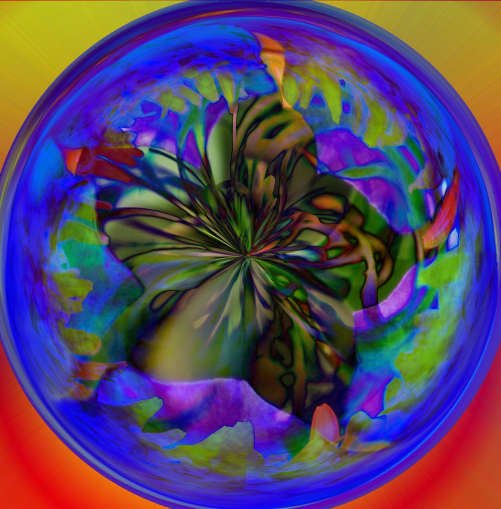 Multicoloured image. Blue and green flower inside a glass ball set of an orange/red background
