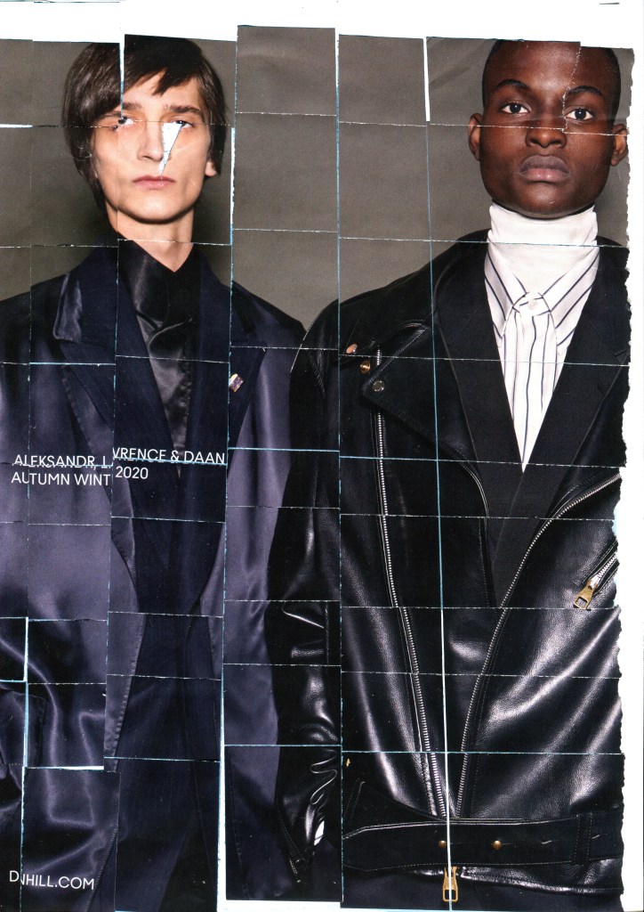 Two male models stand against a grey background. The image has been cut into squares in preparation of swapping the squares of the image around.