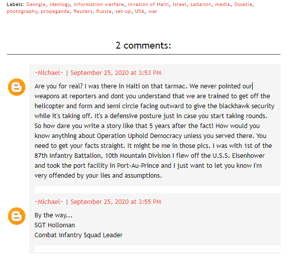 Comment by US troop, stating that the position troops took was a trained position for exiting a helicopter. He states that troops never pointed weapons at anyone, and what is presented is false information. 