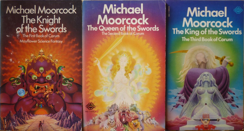 Examples of Moorcock book covers showing highly psychedelic imagery.
