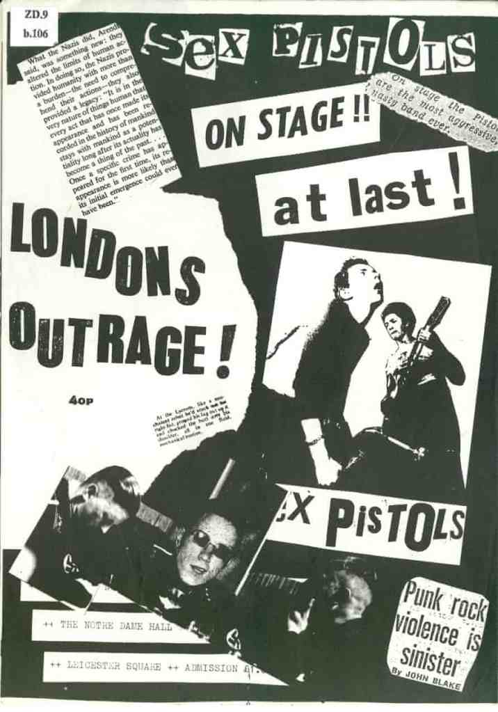 Typical front page of a punk fanzine. Photocopier paper covered with monochrome imagery and cut and paste text.